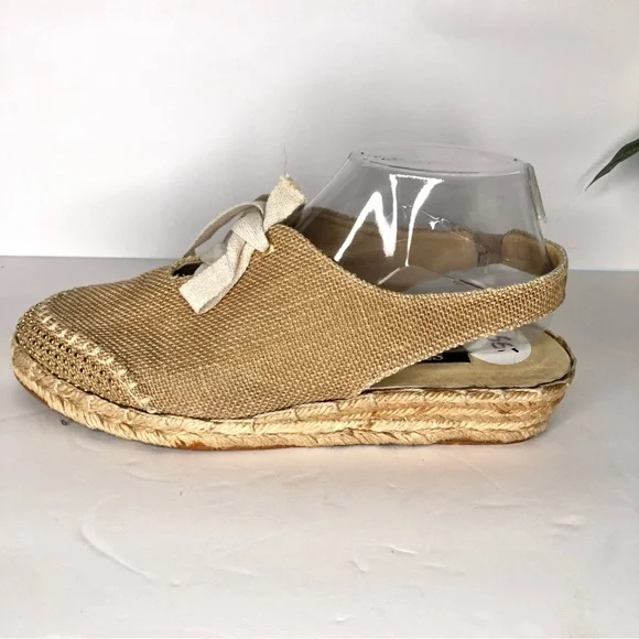 STUART WEITZMAN Canvas Gold Studded Slingback Tan Espadrille Wedge Luxury VTG - Picture 13 of 14